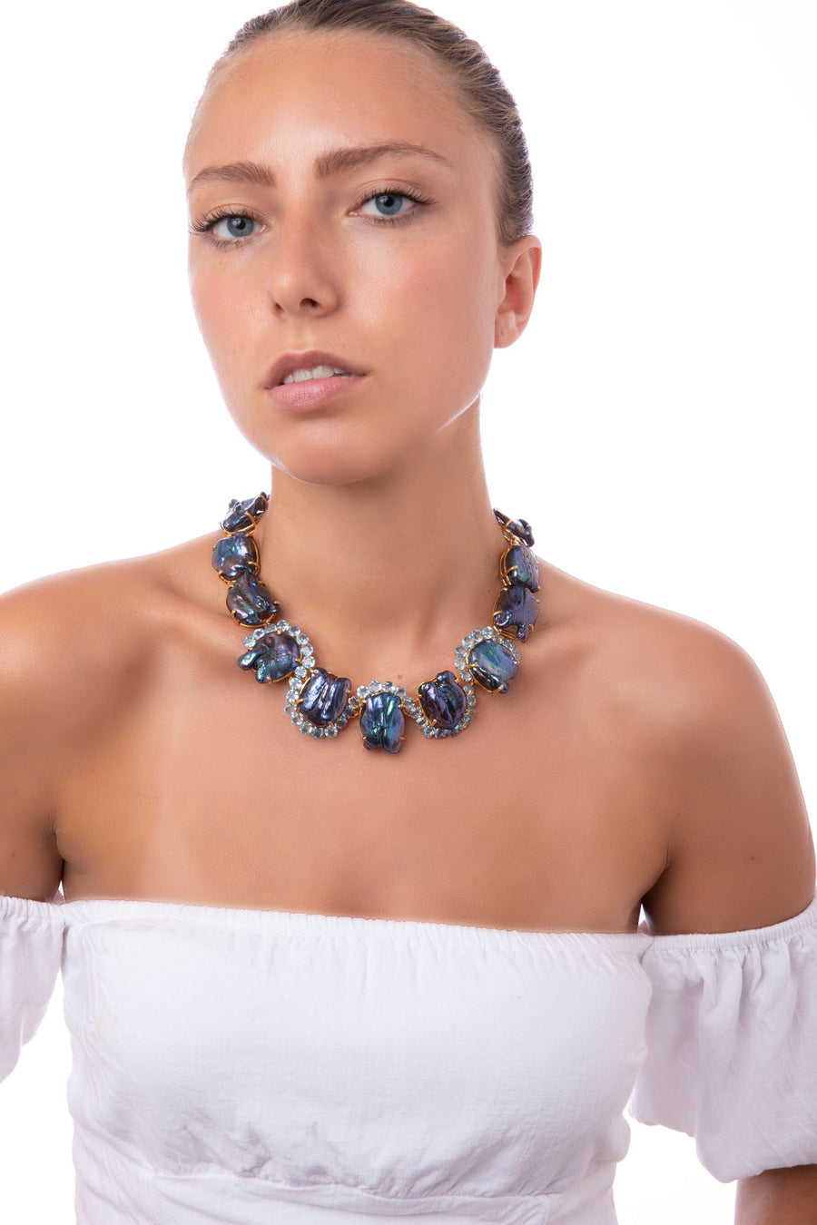 Peacock Keshi Pearls & Blue Topaz Necklace