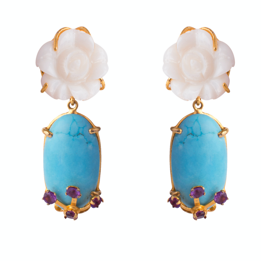 Rose Shell, Amethyst  & Turquoise Earrings
