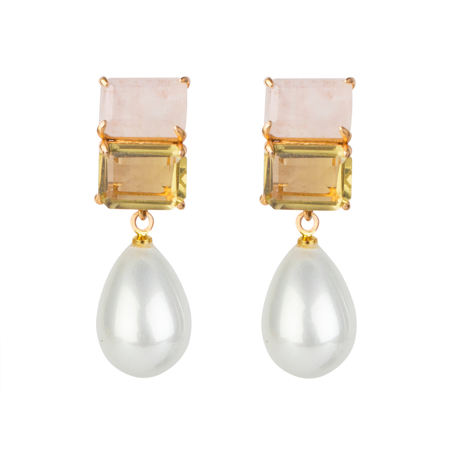 Moonstone, Lemon Quartz & White Shell Pearl Earrings