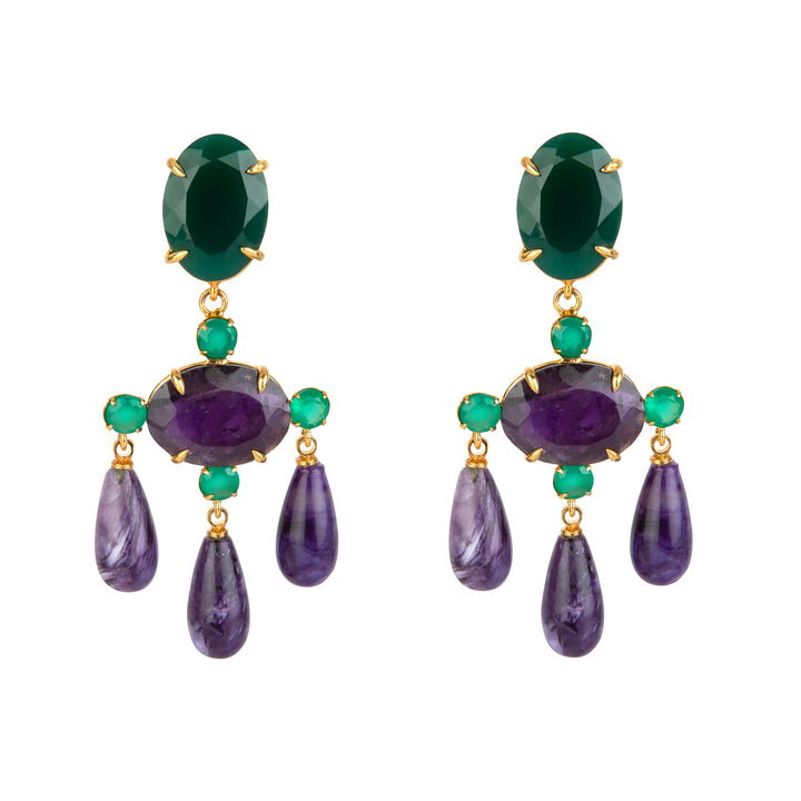 Green Onyx, Amethyst, and Charoite Chandelier Earrings