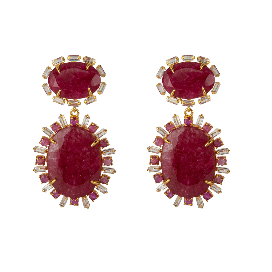 Red Corundum, Ruby & Clear CZ Earrings