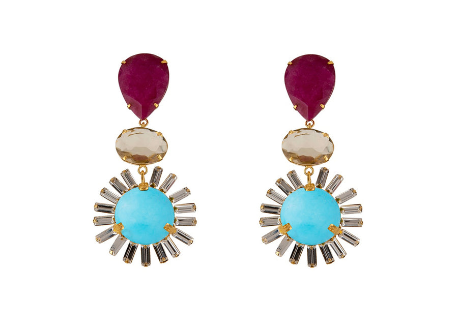 Turquoise, Lemon Quartz & Ruby Statement Earrings