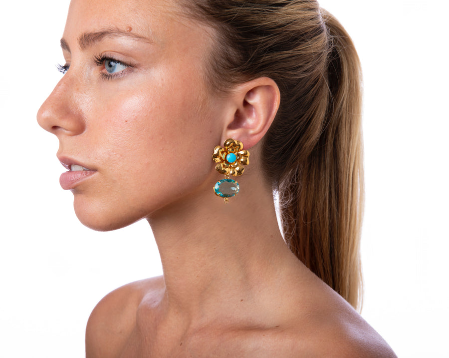 Blue Quartz & Turquoise Flower Earrings
