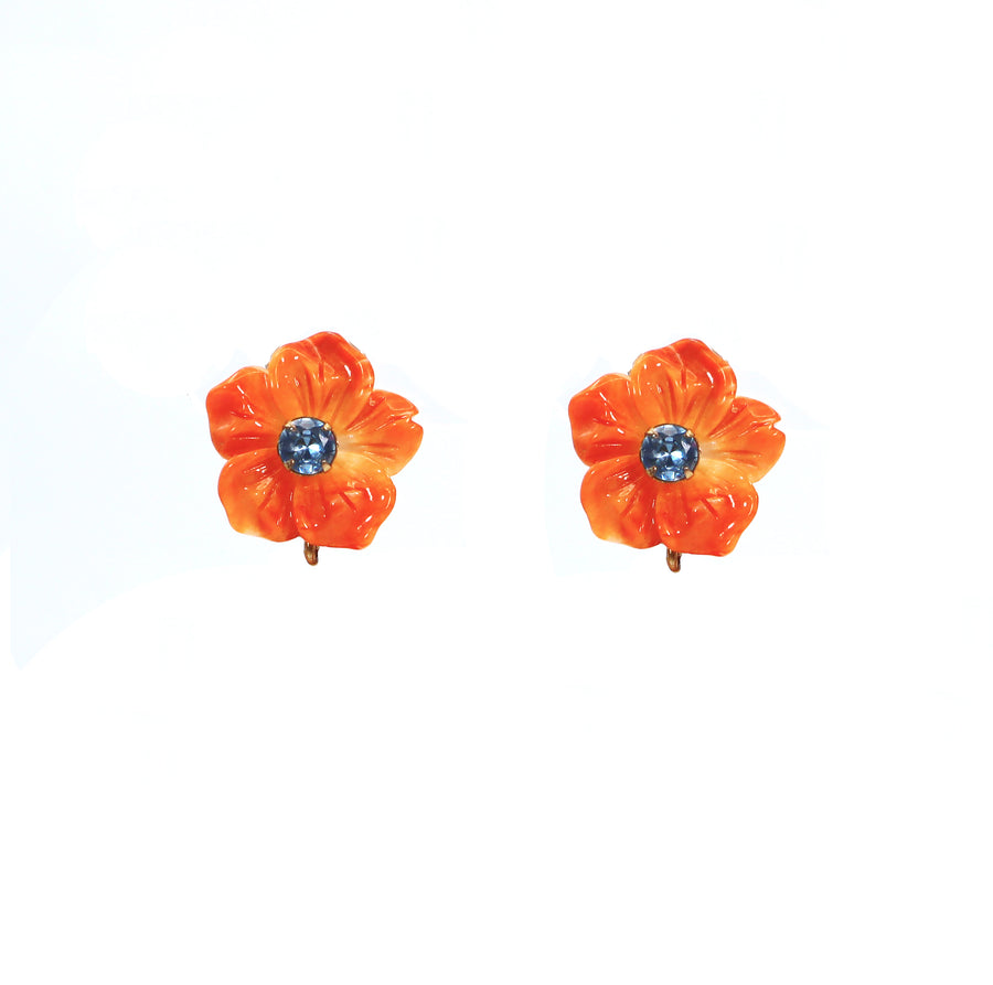 Orange Seashell & Blue Topaz Flower Earrings