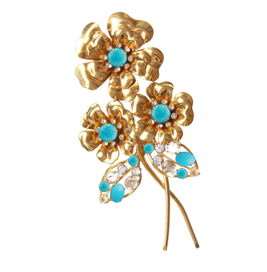 Turquoise & Clear Quartz Flower Brooch (more colors)