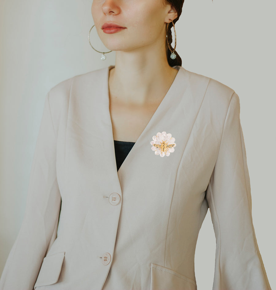 Mother Of Pearl Flower and The Bee Brooch / Pendant