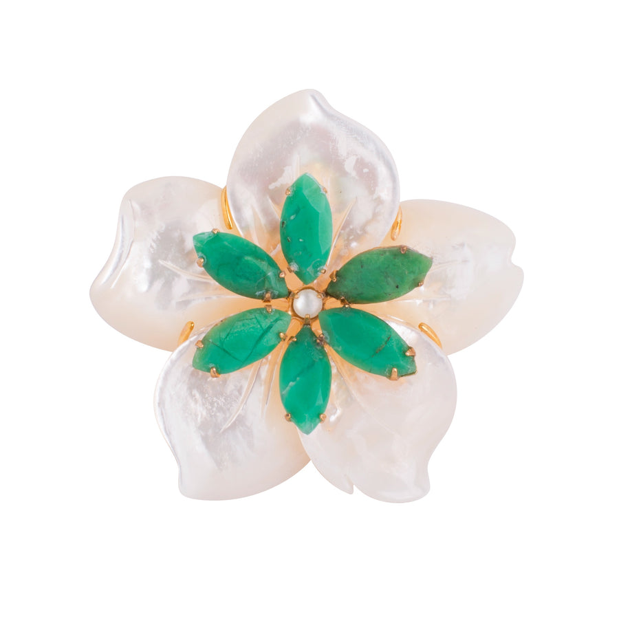White Mother Of Pearl & Chrysoprase Flower Brooch & Pendant