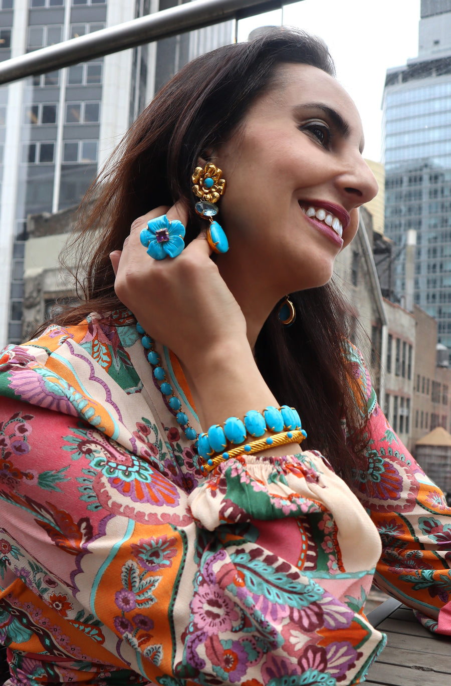 Blue Quartz & Turquoise Flower Earrings