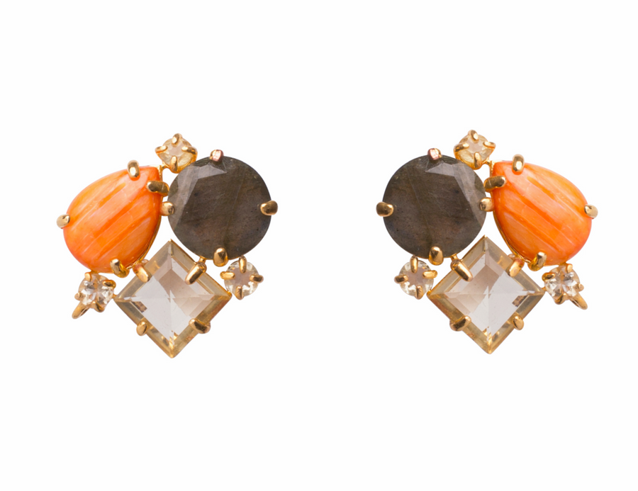 Black Onyx, Clear Quartz & Pearl Vermeil Earrings