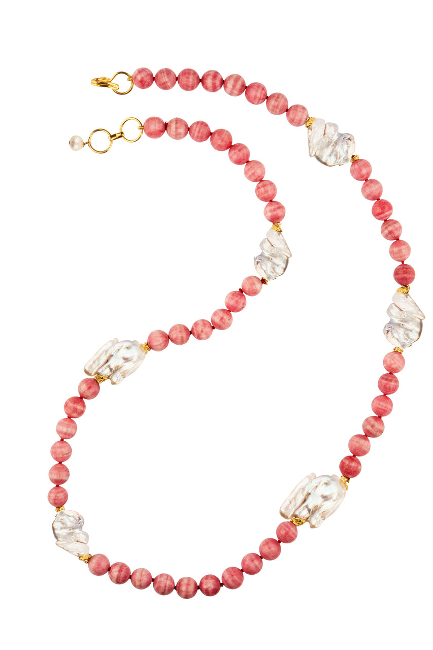 Pink Rhodochrosite Jade & White Keshi Pearls Long Necklace