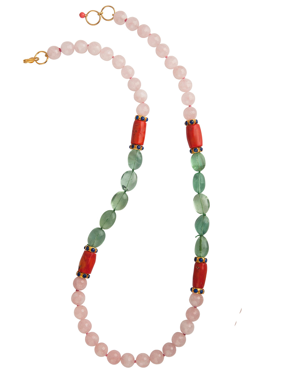 Rose Quartz, Fluorite, Coral and Lapis Sautoir Necklace