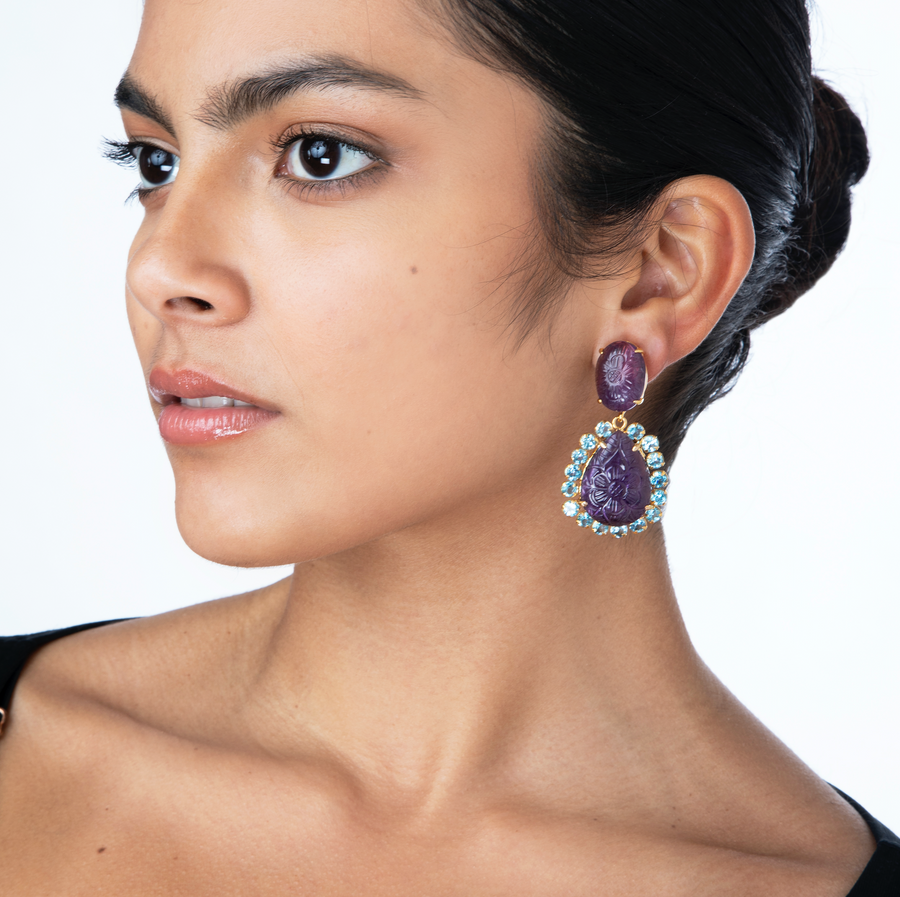 Carved Amethyst & Swiss Blue Topaz Earrings