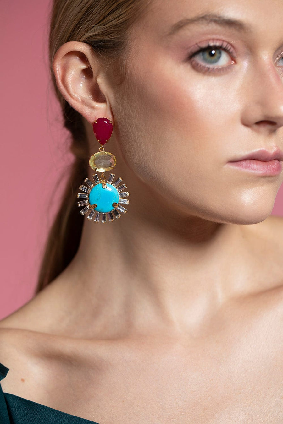 Turquoise, Lemon Quartz & Ruby Statement Earrings