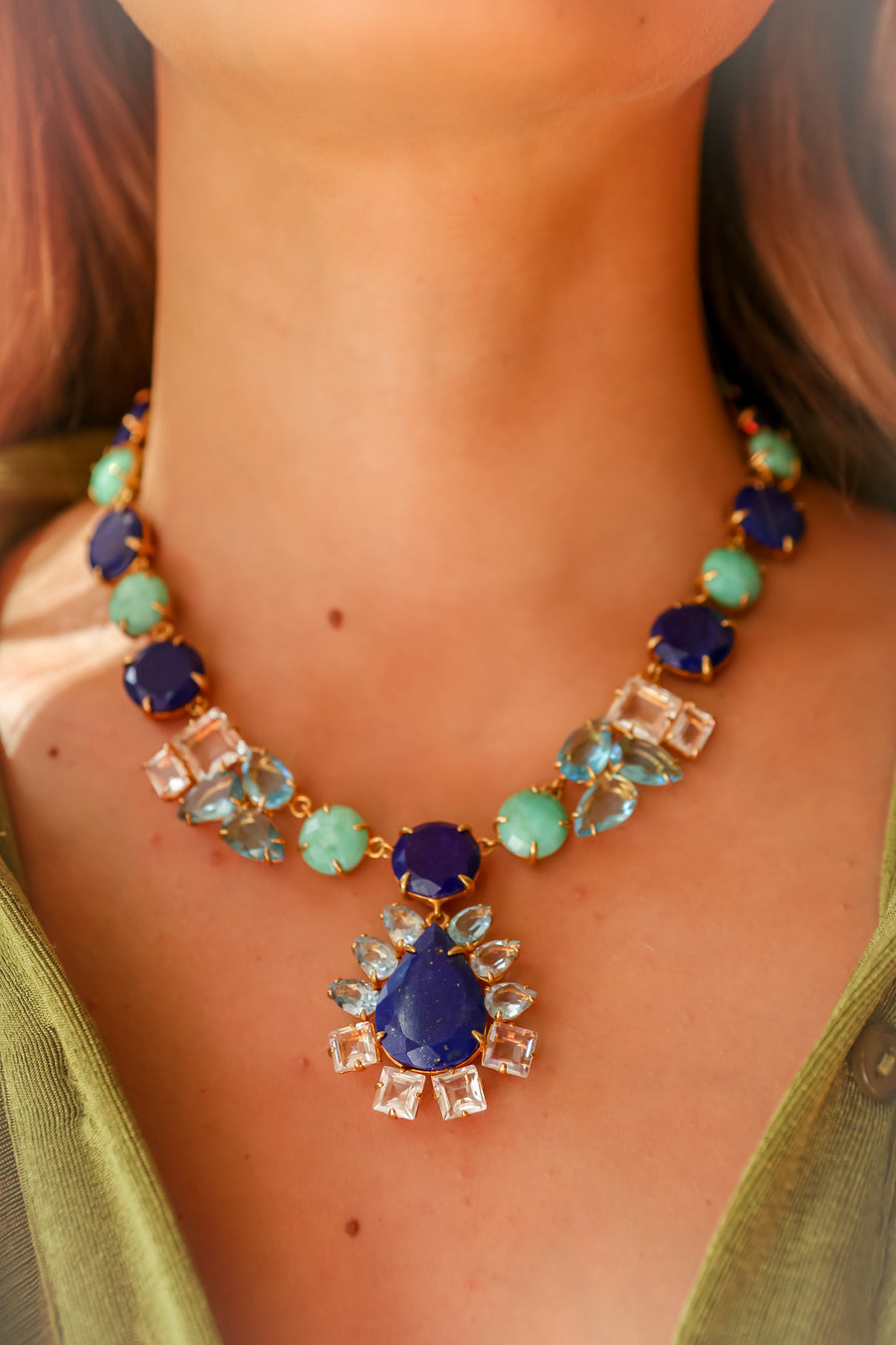 Lapis, Chrysoprase & Blue Quartz Necklace