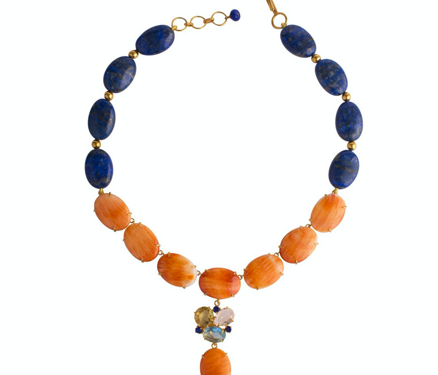 Blue Quartz, Lemon Quartz, Lapis & Orange Seashell 2-in-1 Necklace